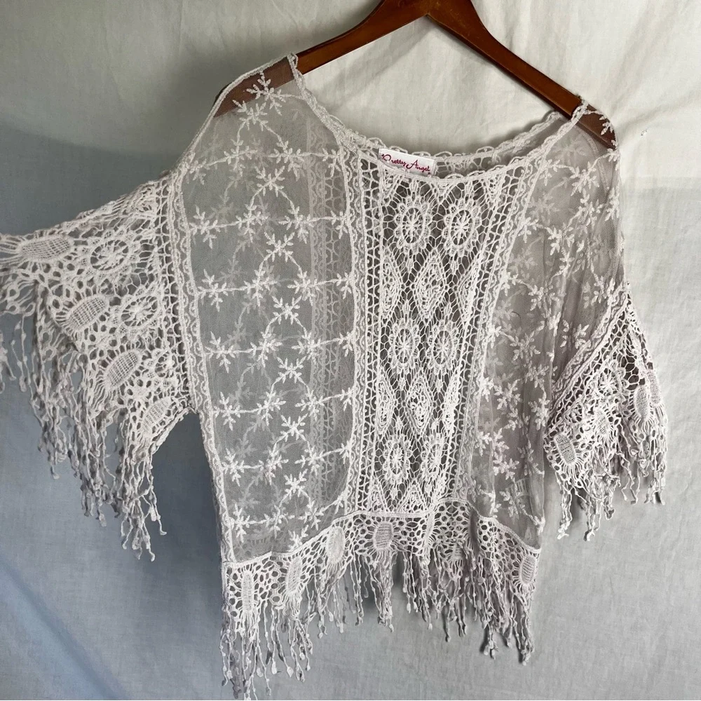 Pretty Angel Women S M Shirt Lace Sheer Mesh Fringe Pinkish White Fairy Coquette